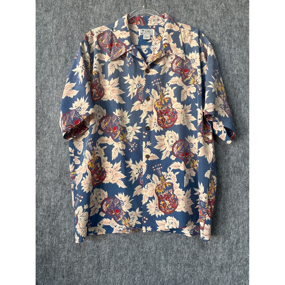 Avanti Silk Hawaiian Shirt Mens XL Blue Ukulele Floral Aloha Camp Button Down